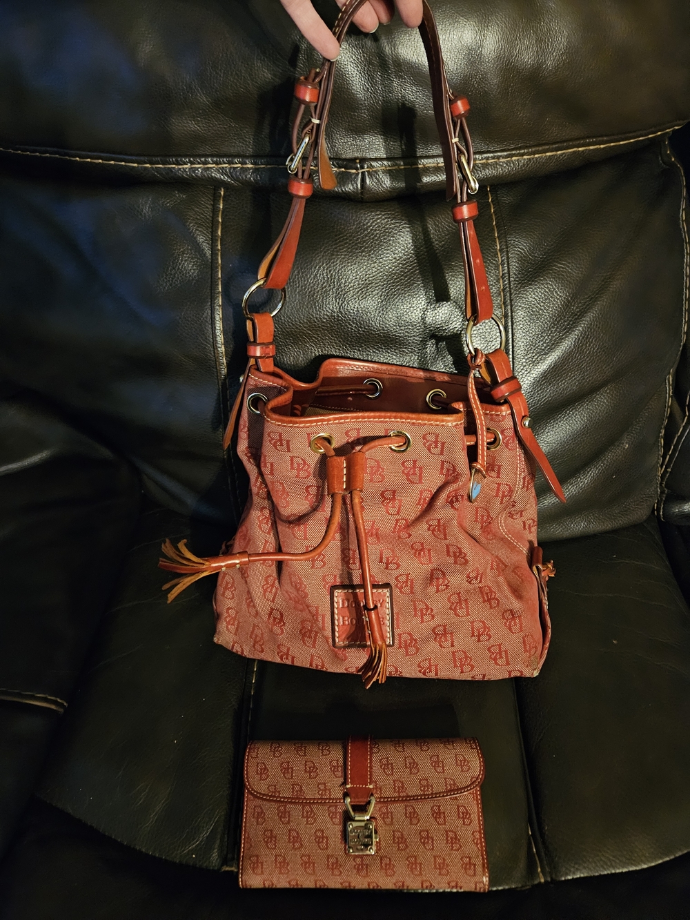 Vintage Dooney & Bourke Red Logo Drawstring Shoulder Bag with Matching Wallet